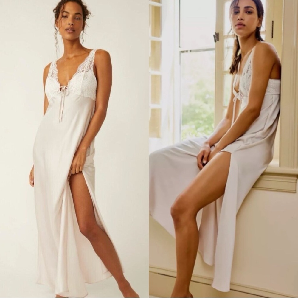 FREE PEOPLE Intimately Country Side Slip Lace Night Gown Satin Maxi Dress